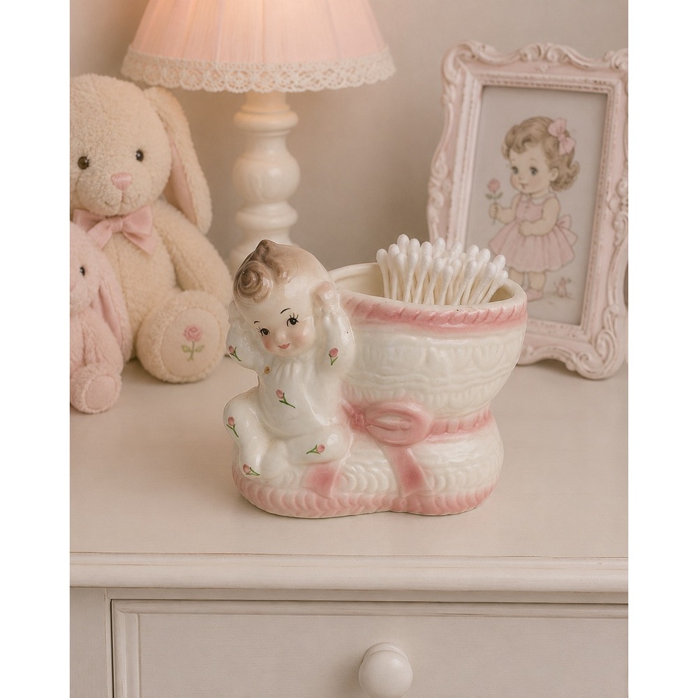 Vintage Rubens Japan Baby Bootie Planter Ceramic Pink White Nursery Decor #299